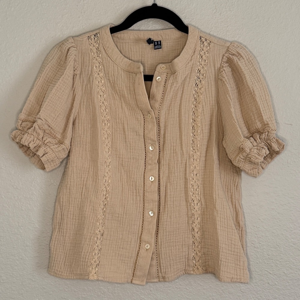 Camel Gauzey Old‎ Money Coastal Puff Sleeve Blouse XS Quiet Luxury Boho Retro